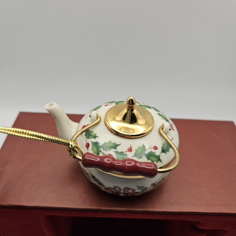 Lenox Holiday Tea Kettle Ceramic Hanging Ornament Holly Pattern Christmas - Picture 7 of 12
